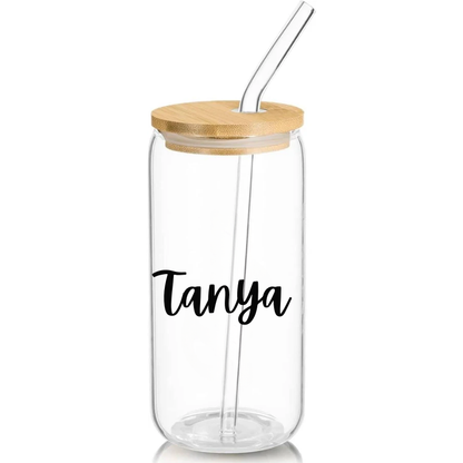 Personalized Name Glass Tumbler with Bamboo Lid & Straw | Custom Vinyl Print By Circuit