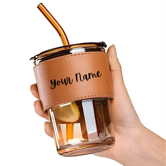 Personalized leather Glass Sipper Tumbler with Leather Sleeve, Lid & Straw BY Engraving