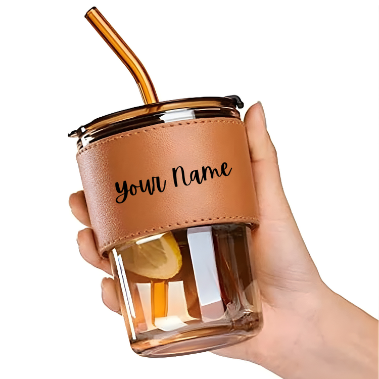 Personalized leather Glass Sipper Tumbler with Leather Sleeve, Lid & Straw BY Engraving