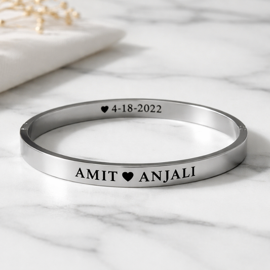 Personalized Name Engraved Couple Bracelet | Custom Stainless Steel Kada with Date