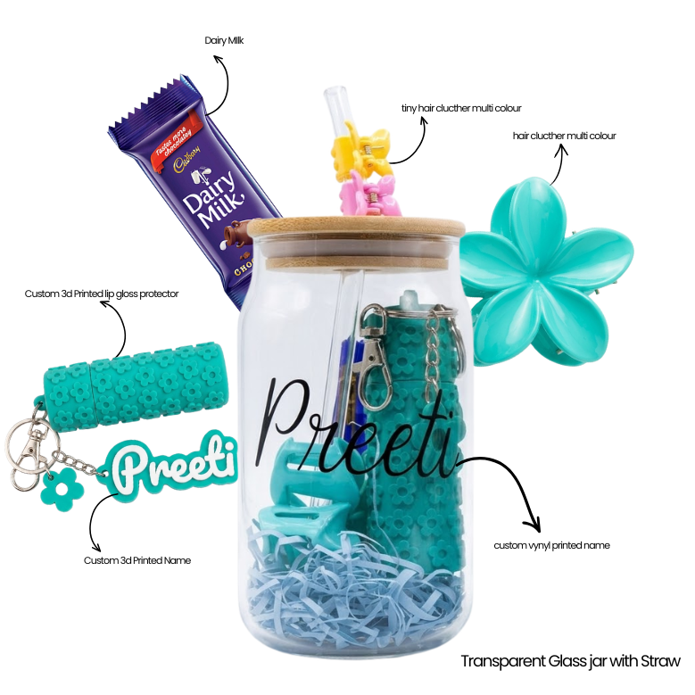 Personalized Glass Gift Jar with Custom Name | 3D Printed Lip Gloss Holder, Hair Clutcher & Chocolate Gift Hamper Multicolour