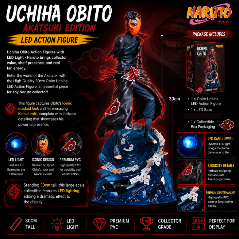 Uchiha Obito LED Action Figure 30CM – Naruto Akatsuki Anime Collectible PVC Statue with Kamui Swirl Base