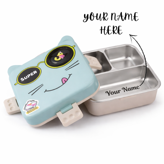 Customised Kids Lunch Box with Name Engraving – Cute Cat Design Stainless Steel Bento