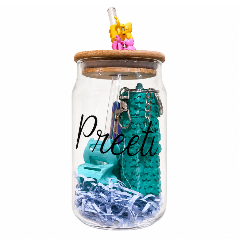 Personalized Glass Gift Jar with Custom Name | 3D Printed Lip Gloss Holder, Hair Clutcher & Chocolate Gift Hamper Multicolour