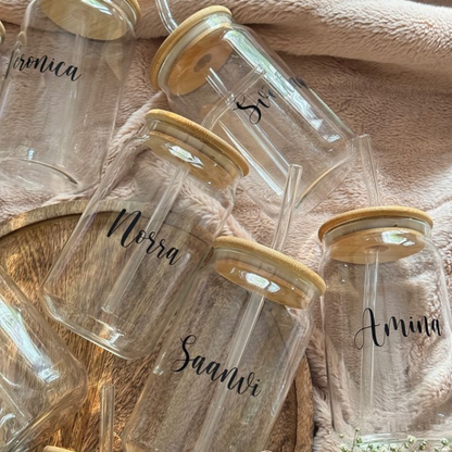 Personalized Name Glass Tumbler with Bamboo Lid & Straw | Custom Vinyl Print By Circuit