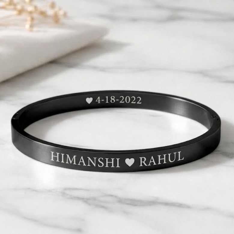 Personalized Name Engraved Couple Bracelet | Custom Stainless Steel Kada with Date
